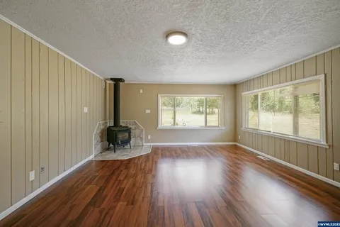 Ranch house family room with a wood stove